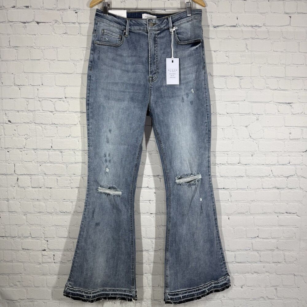 Risen Jeans Flare Women's Size 1XL Distressed Light Wash Denim Western Festival
